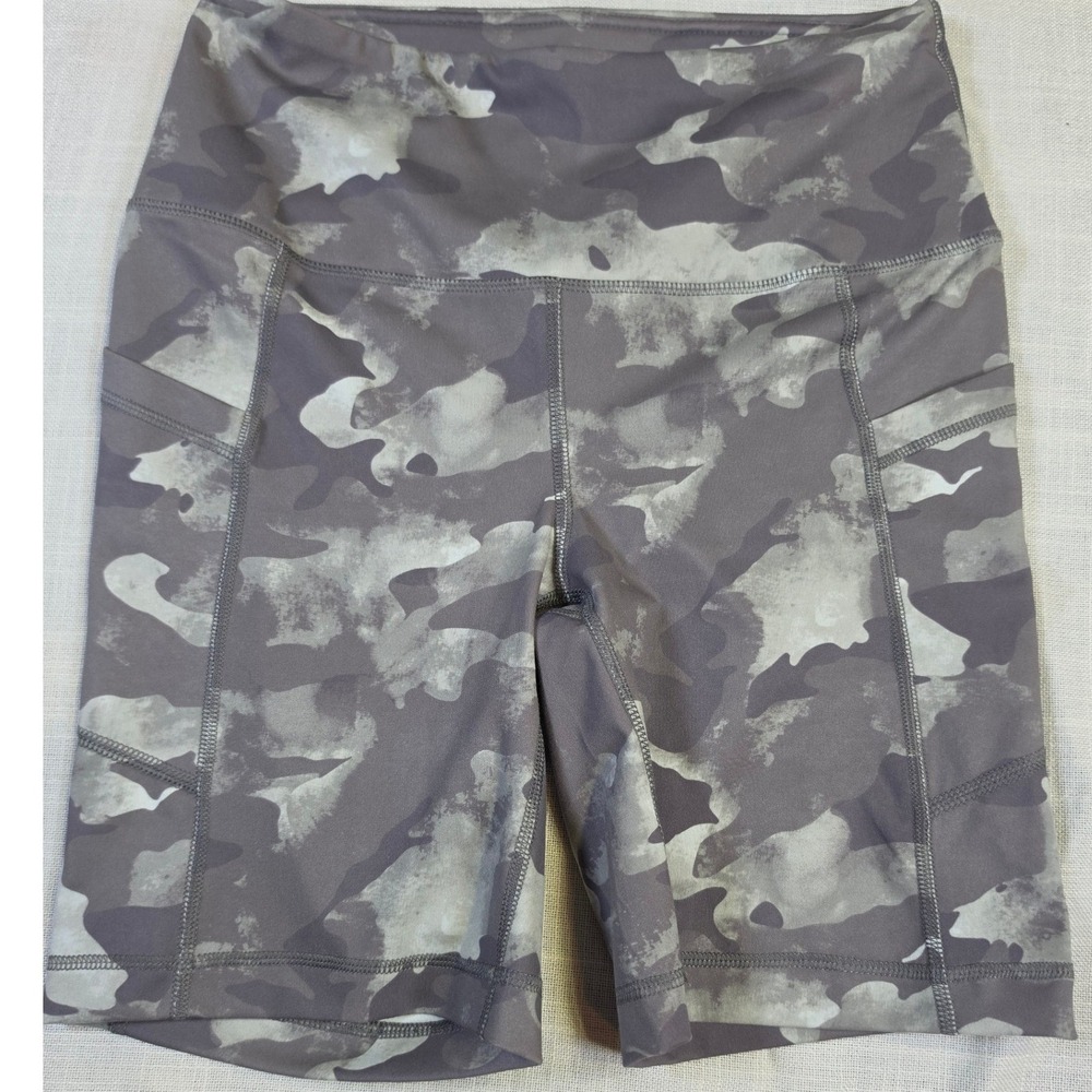 Yogalicious Lux Womens Grey Camo High Waisted Biker Shorts with Pockets Size S